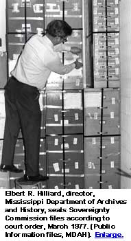 Elbert R. Hilliard, director, MDAH, seals Sovereignty Commission files according to court order, March, 1977.