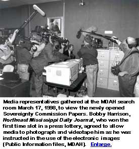 Media representatives gathered at the MDAH search room to view the newly opened Sovereignty Commission Papers.