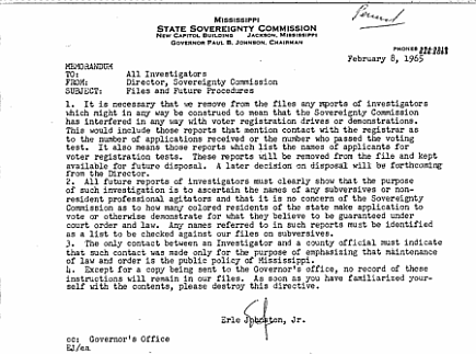 Image
of memo concerning files purge and investigation procedure